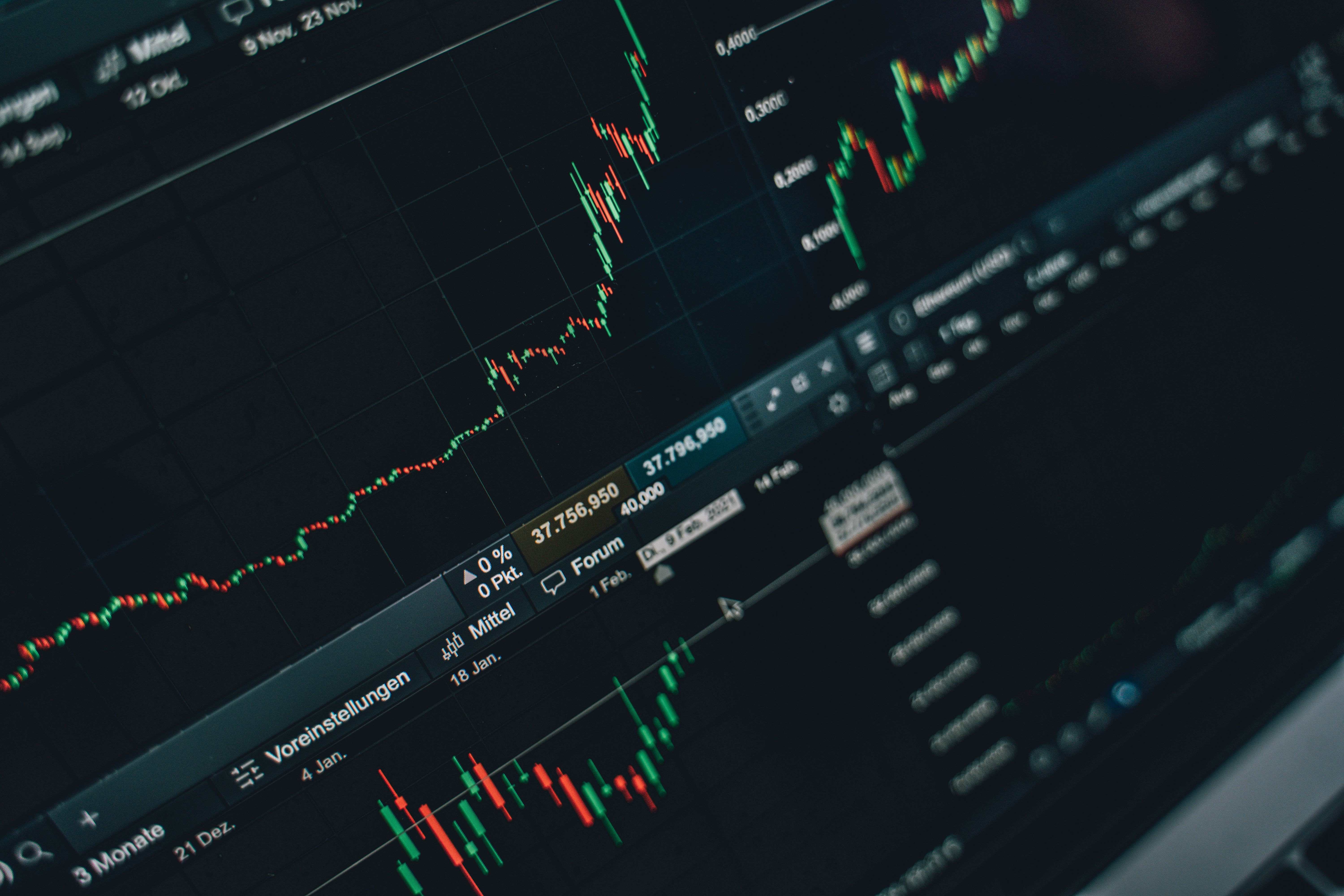 Stock market trading screen displaying financial growth charts and market data